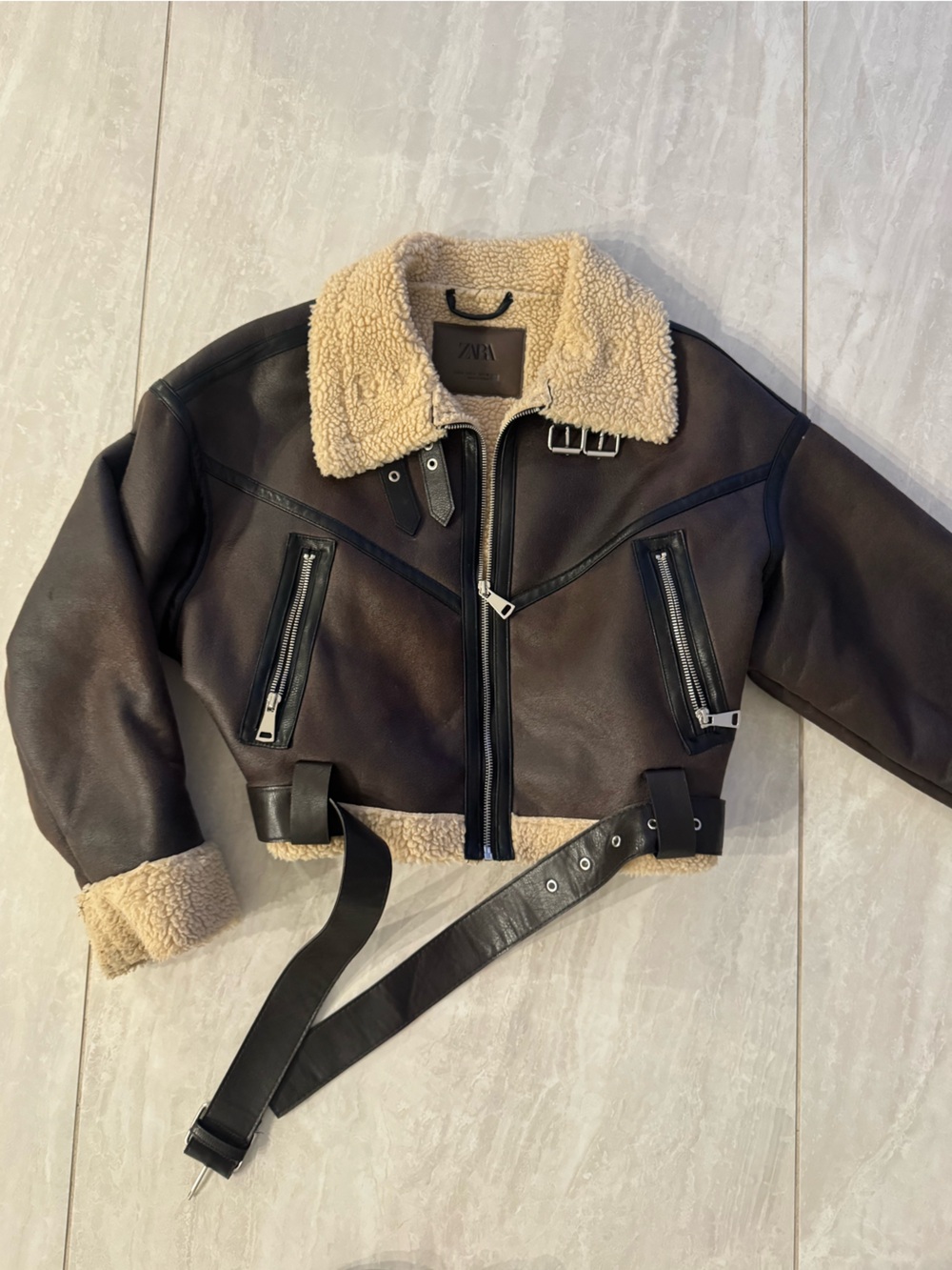 Brown Shearling Trim Leather Jacket Bag - Brand